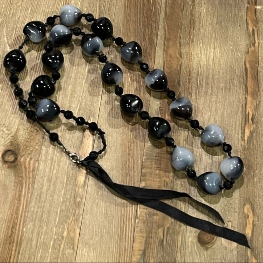 Chunky Art Glass Puffed Heart Necklace Hand-Knotted Smoky Grey Lampwork Beads